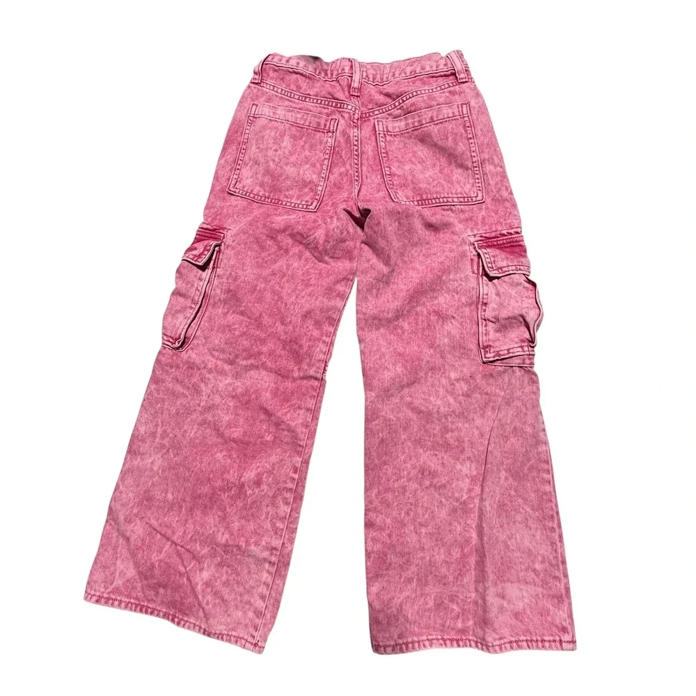 Old Navy Girls Pink Acid Wash Cargo Jeans High Rise Wide Leg Size 10